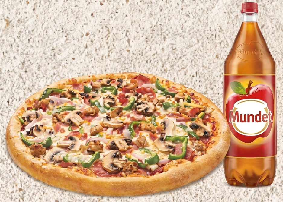 Pizza familiar rellena con refresco